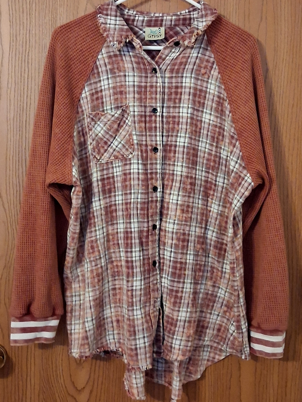 Jaded Gypsy Women's Rust Plaid Button-Down Distresses  Faded Shirt